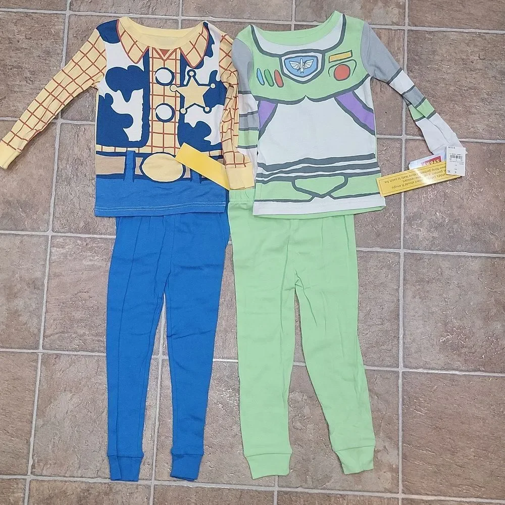 New Toy Story Woody & Buzz Snug Fit Cotton Cartoon 4 Piece Kids Pajama Set Sz 4T